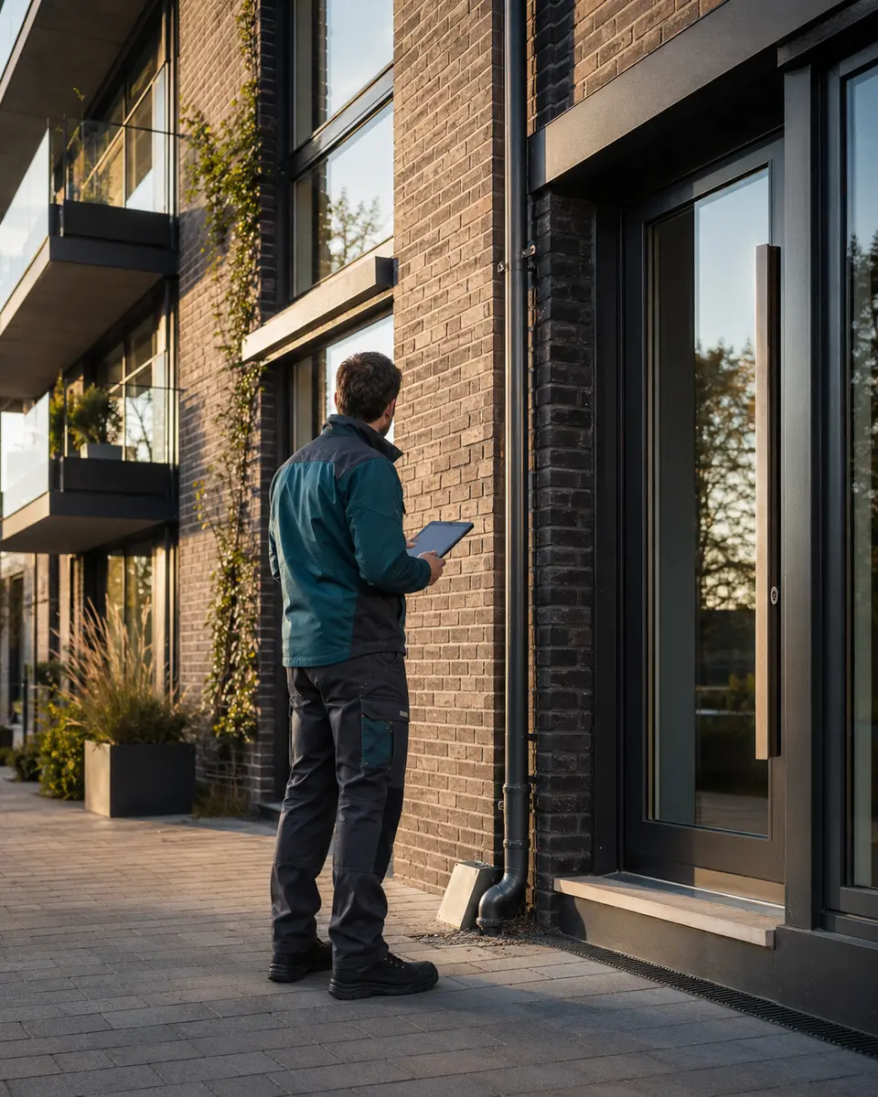 Technicus van Alder Solutions inspecteert een modern gebouw
